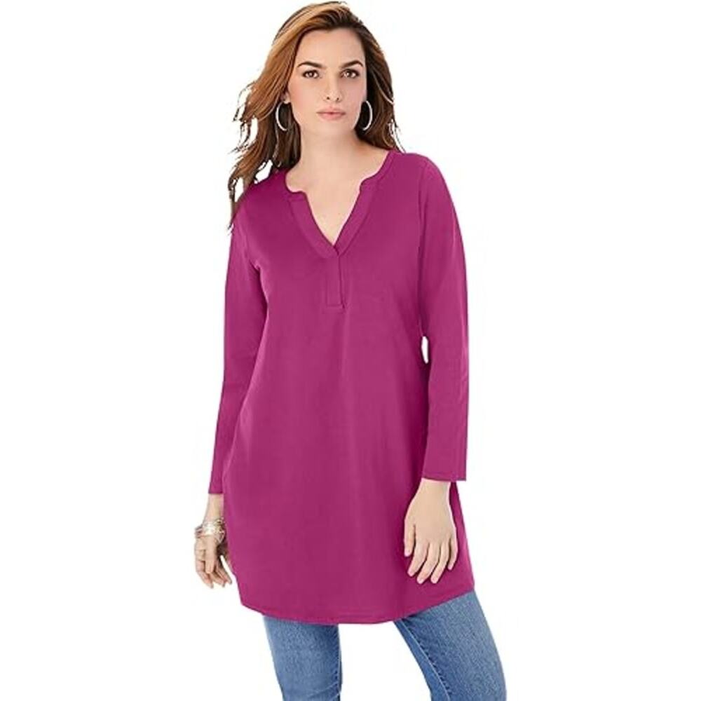 Roaman's 3/4 Sleeve Y Neck Oversized Ultimate Tunic Top Women's L (18-20) Pink